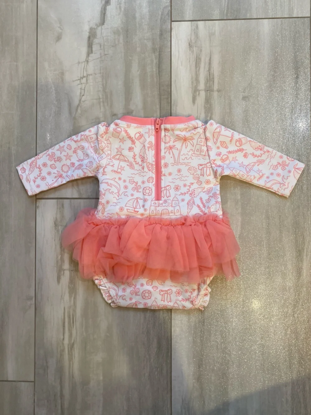 NWT RuffleButts By the Seaside Long Sleeve Rash Guard Tulle Swimsuit Girls 0-3M